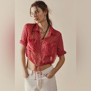 Free People Terra Printed Rose Pink Blouse Tie Waist Size XS